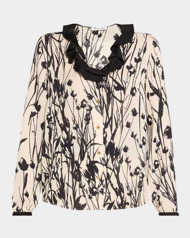 Samantha Campo Di Lino-Print Silk Ruffle Shirt